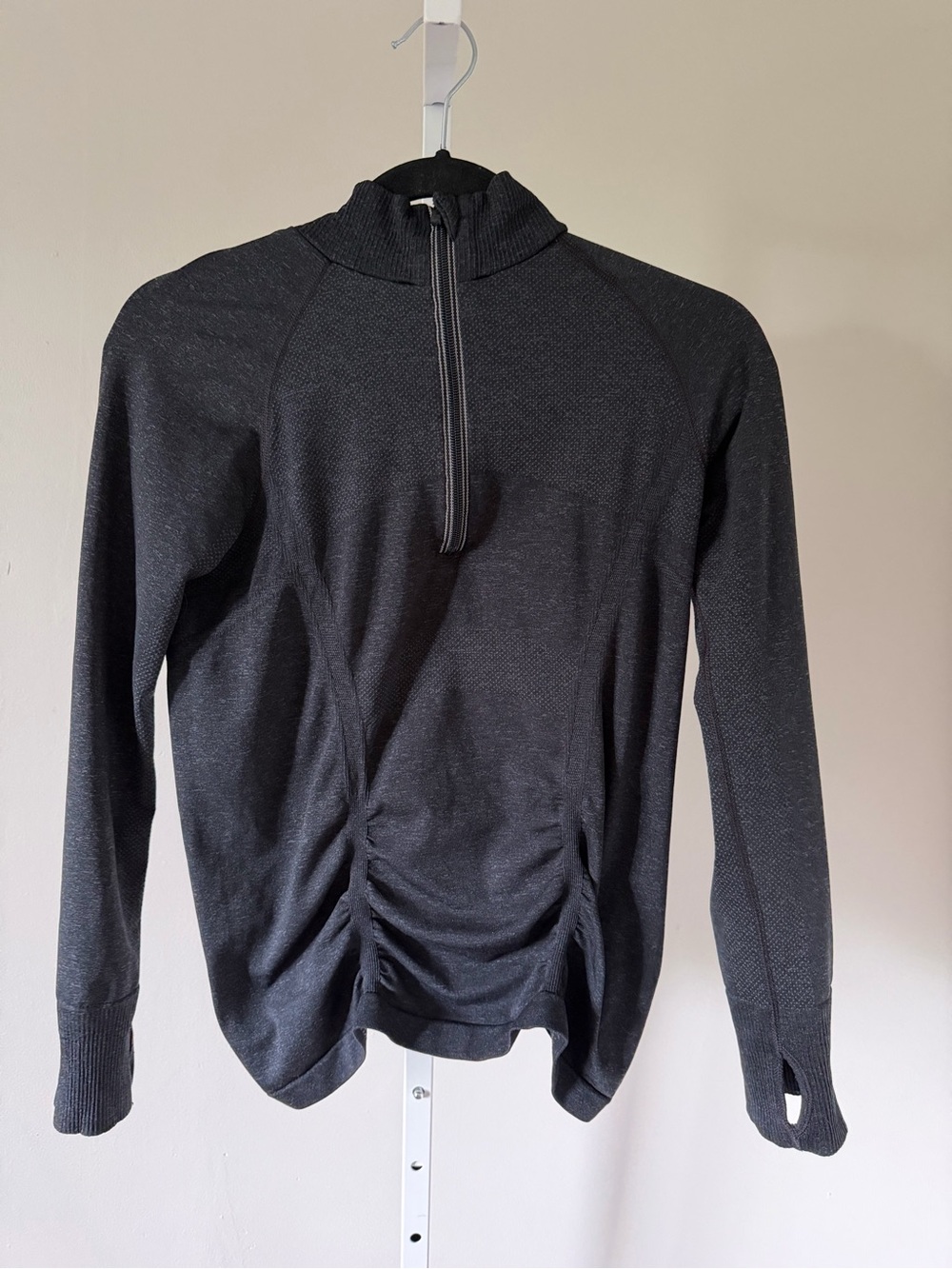 Athleta Charcoal Zip-Neck Ruched Long Sleeve Top